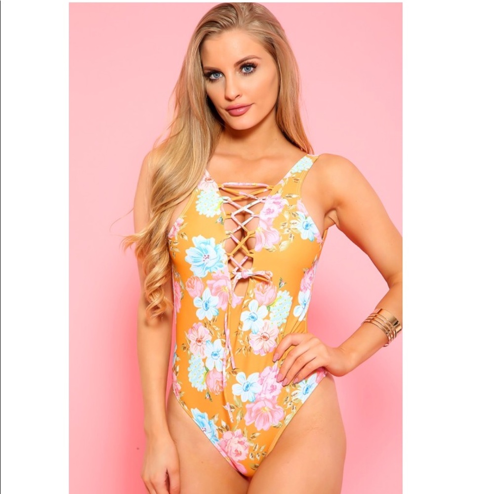 Floral lace up one piece swimsuit